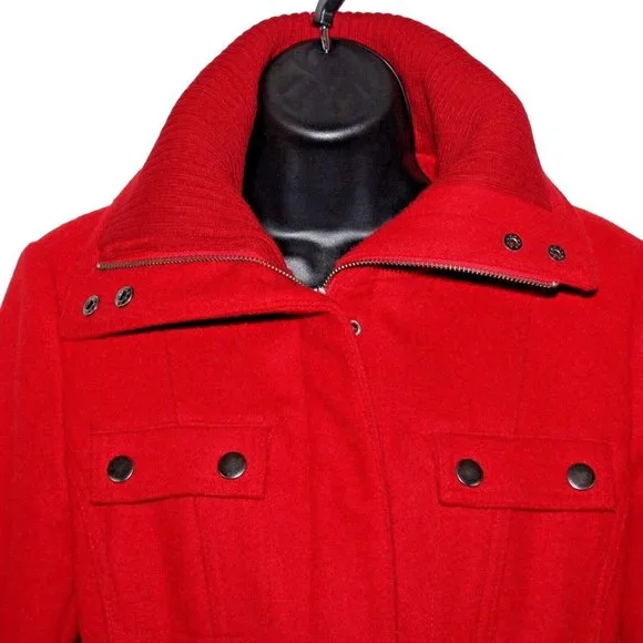 La Redoute US 6 UK 10 Red Belted Wool Blend Full Zip Snaps Knit Collar Coat - Picture 4 of 11